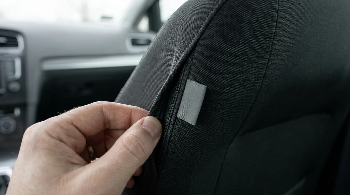 A hand lifting the fabric edge of a car seat side bolster to reveal the stitched vertical seam and a small blank tag sewn beside it.