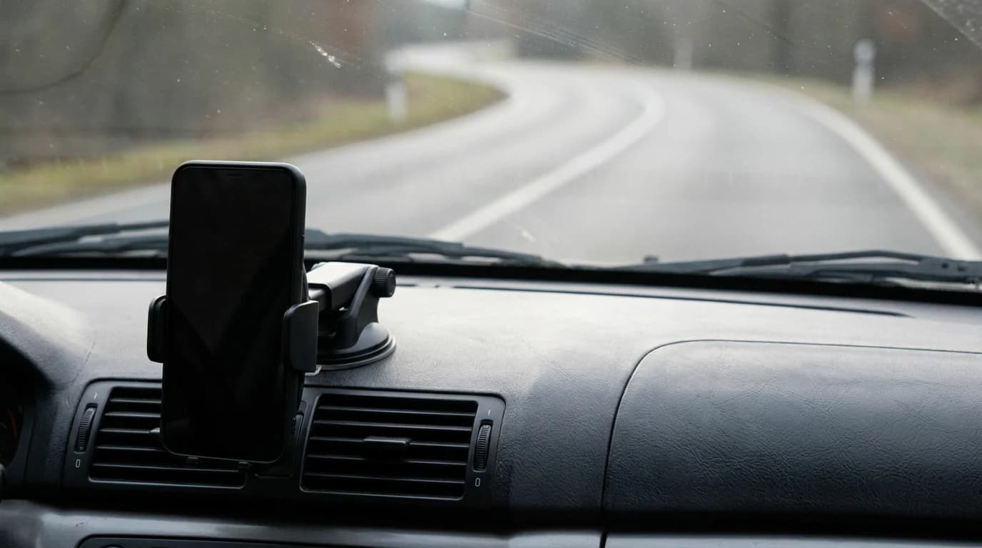 A smartphone in a dashboard mount at the driver's eye level, with the road ahead still visible.