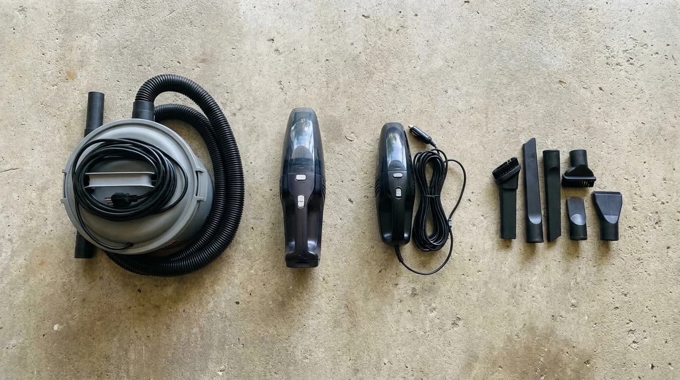 Four car-cleaning tools laid out on a garage floor: a small corded canister vacuum with a coiled hose, two handhelds, and a set of crevice and brush nozzles.