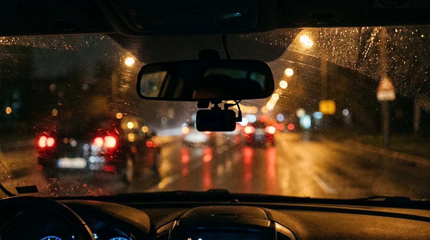 A dash cam mounted behind a car's rear-view mirror at night, recording a lit street ahead through the windshield.