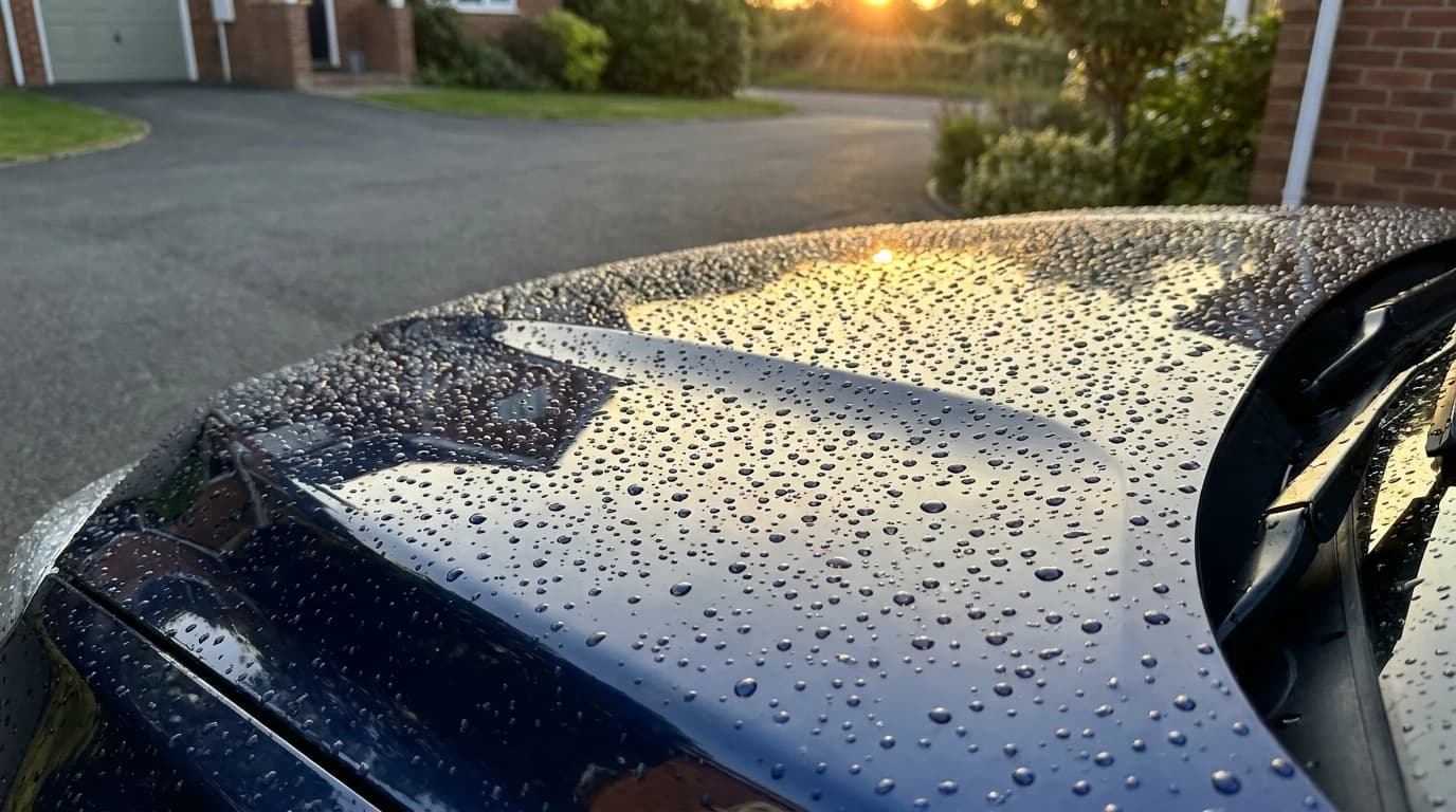 Water beading tightly across a freshly coated dark car hood in daylight.
