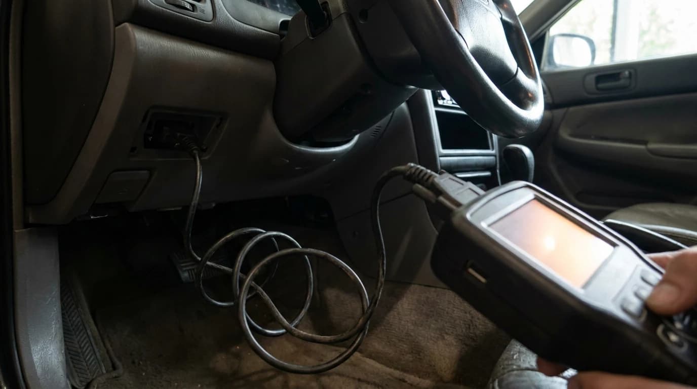 A handheld code reader plugged into the OBD2 port beneath a car's steering column, its screen lit.