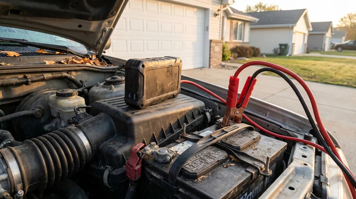 A compact jump-start pack clamped to a car battery in an engine bay.