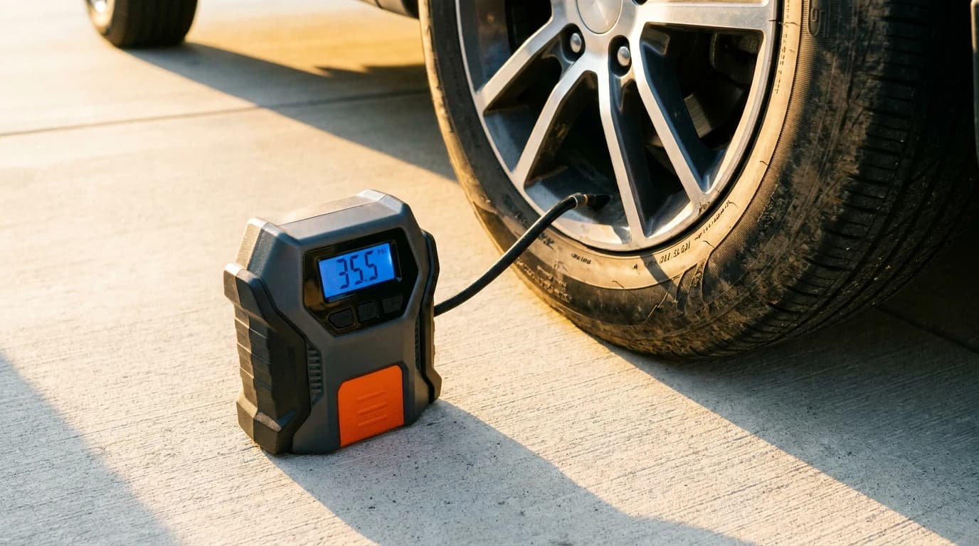 A small cordless inflator connected to a car tire valve on a driveway.
