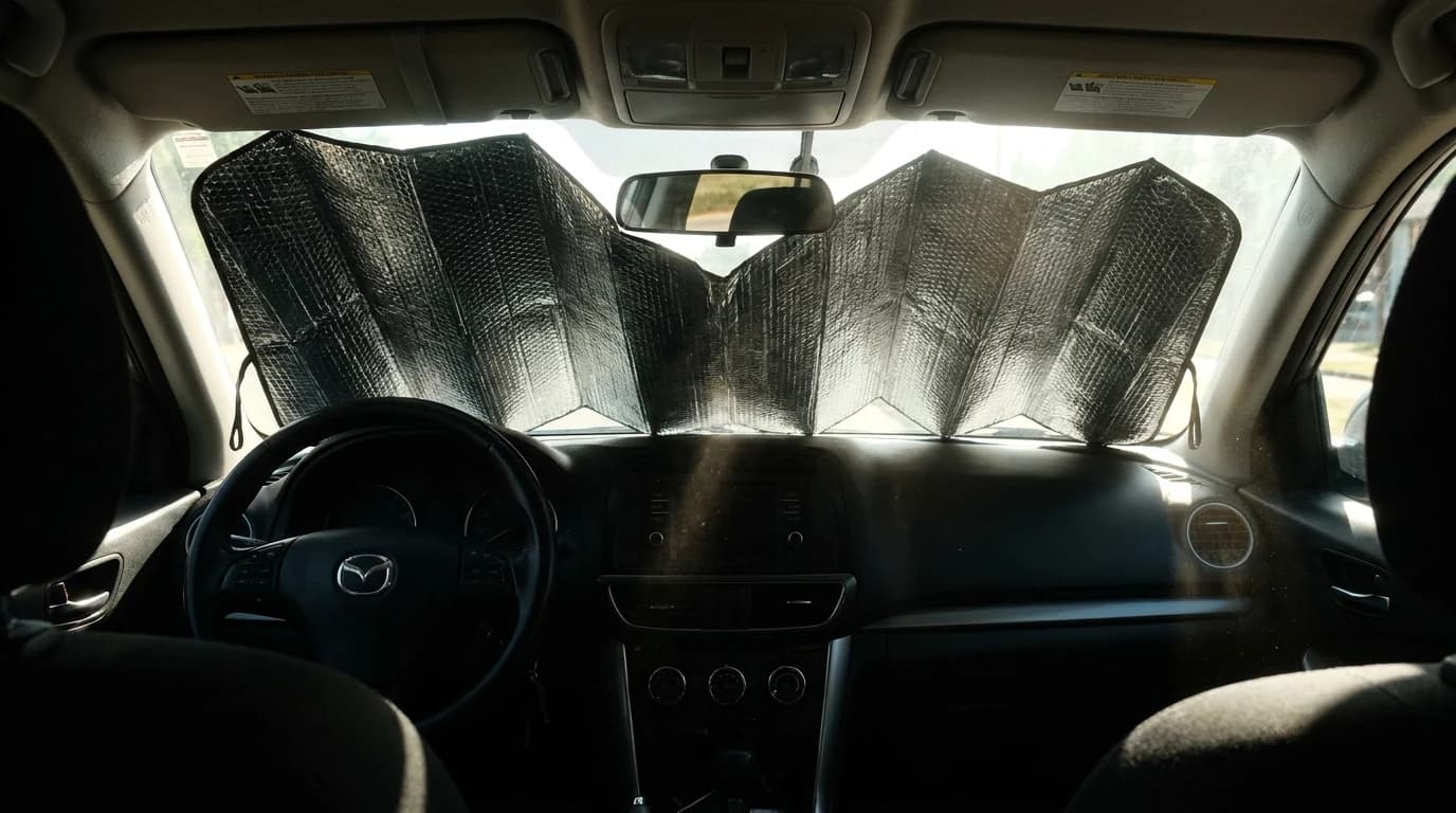 A reflective accordion sun shade unfolded across a car windshield from the inside, covering the glass corner to corner.