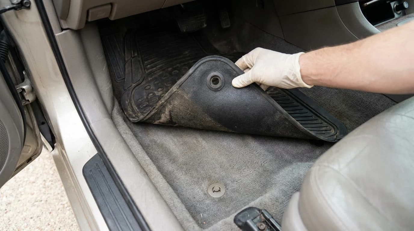 A driver-side floor liner lifted at one corner to reveal the bare carpet and the factory retention post beneath it.