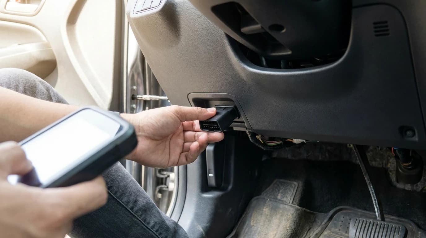 A hand plugging a handheld OBD2 code reader into the diagnostic port under a car's dashboard, beside the driver's footwell.
