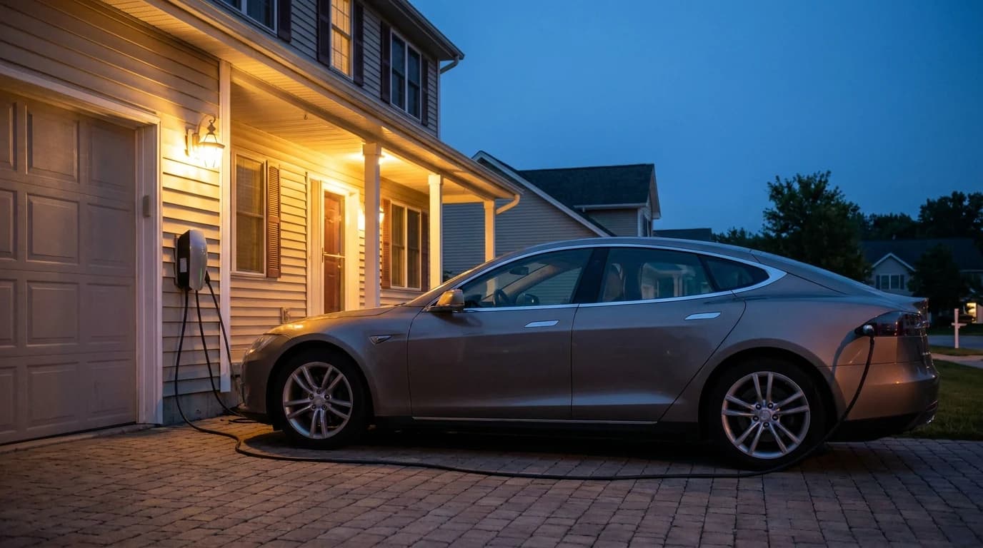 An electric car plugged in overnight on a home driveway, the charge cable running to a wall unit beside the garage door.