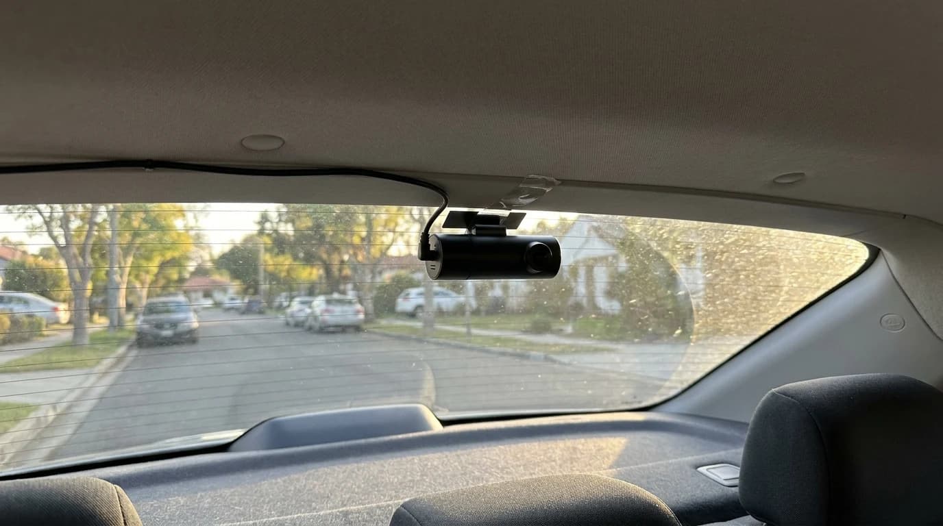 A rear dash cam module mounted at the top of a car's rear window, looking back at the road behind.