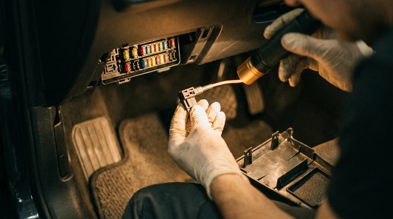 Hands under a car dashboard holding an add-a-fuse tap beside an open interior fuse panel, with the trim cover removed and resting on the carpet.