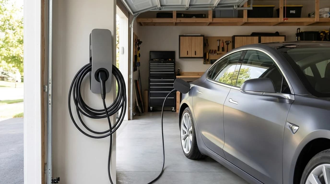 A wall-mounted Level 2 EV charger in a home garage with its cable coiled on the holster beside a parked car.