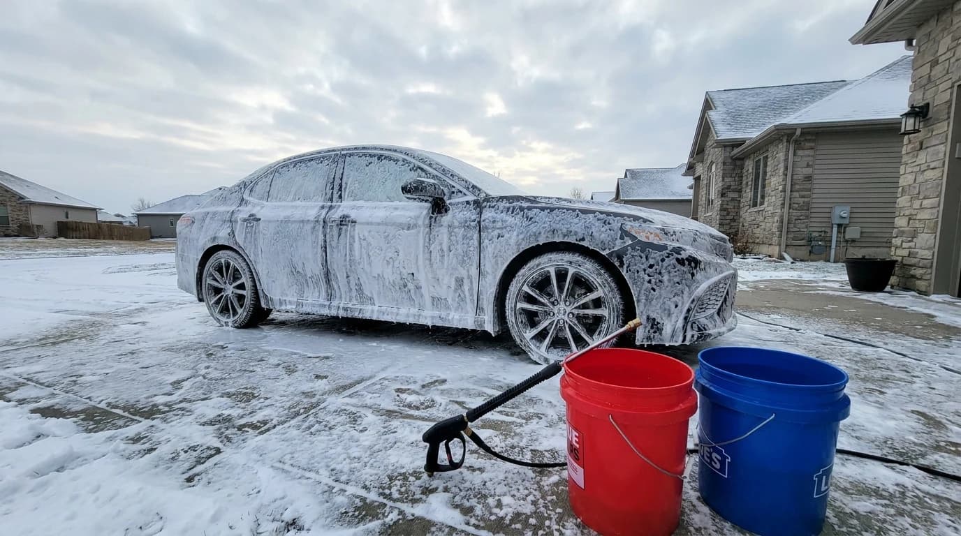 Thick white foam clinging to the panels of a car on a driveway with a pressure washer lance in the frame.