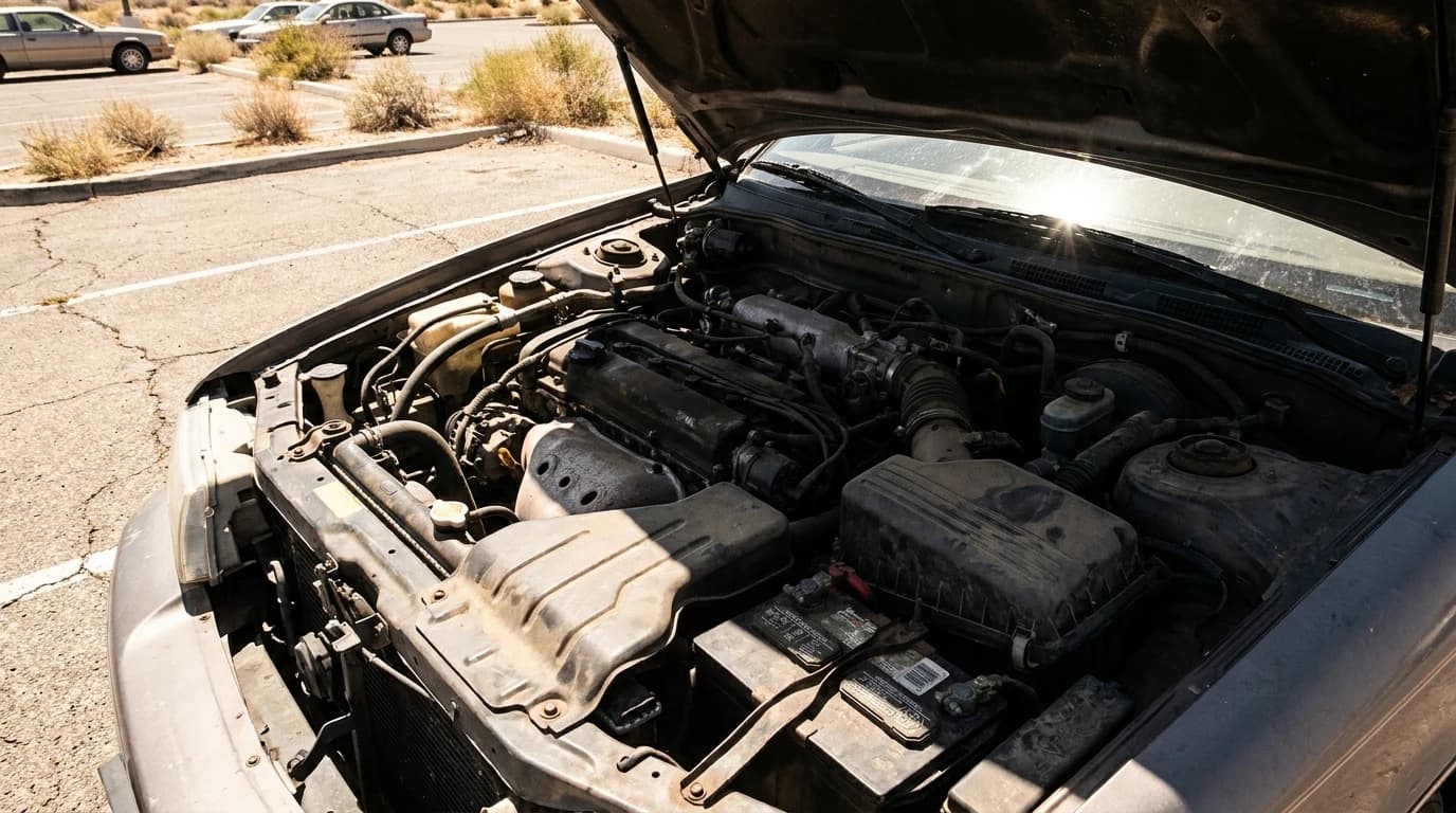 An open car hood in a sun-baked desert parking lot, the battery sitting exposed at the front of a hot engine bay.