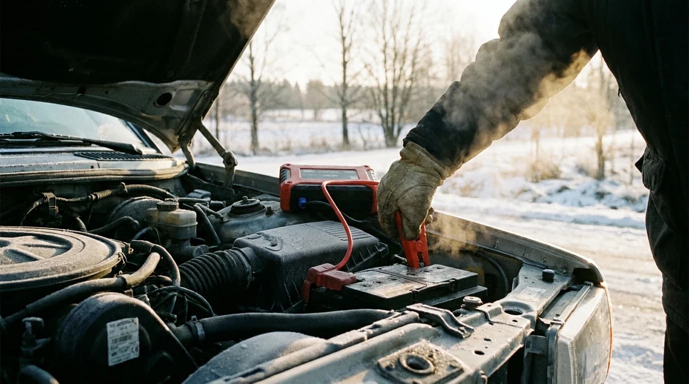 A portable jump-start pack clamped to a car battery in an engine bay on a cold morning.