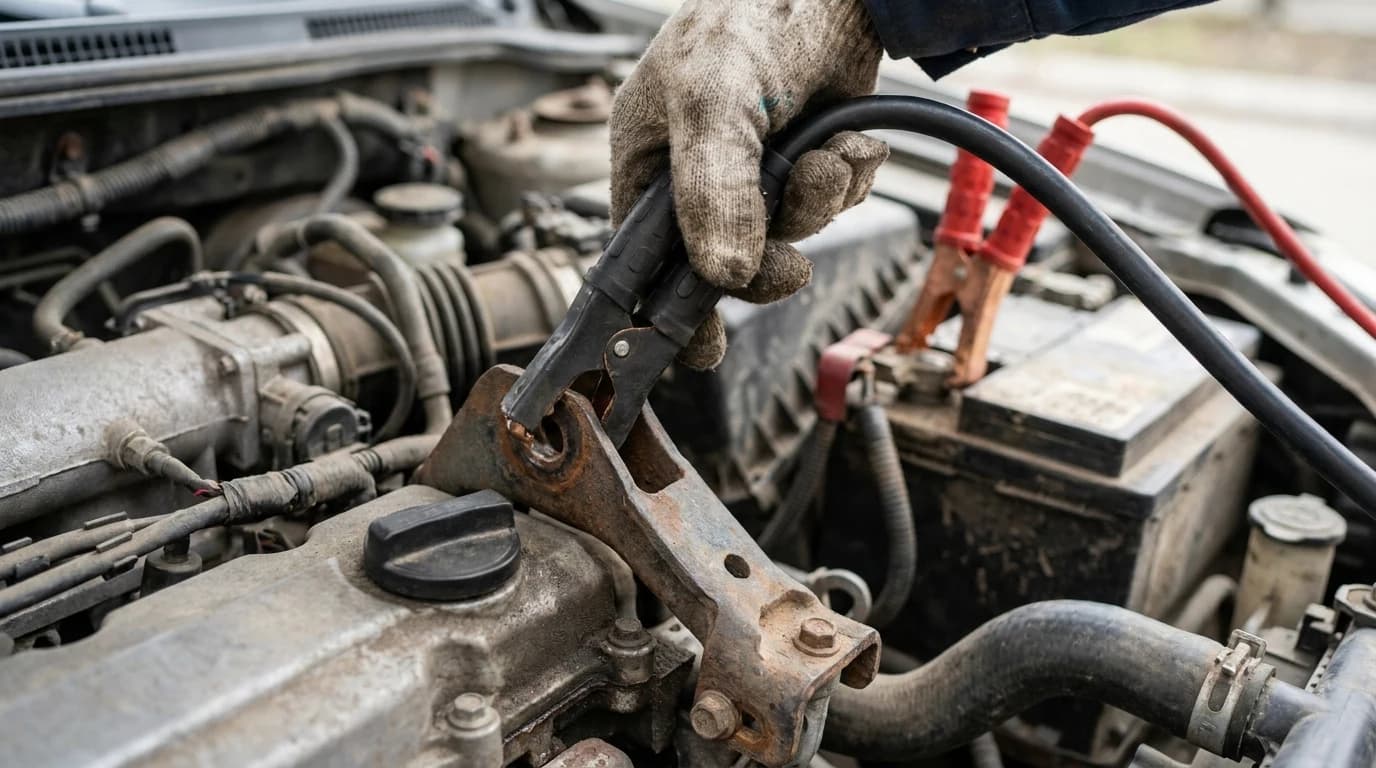 A hand clipping the black clamp of a battery charger onto a bare metal bracket on a car engine, well away from the battery, with the red clamp already on the positive post.