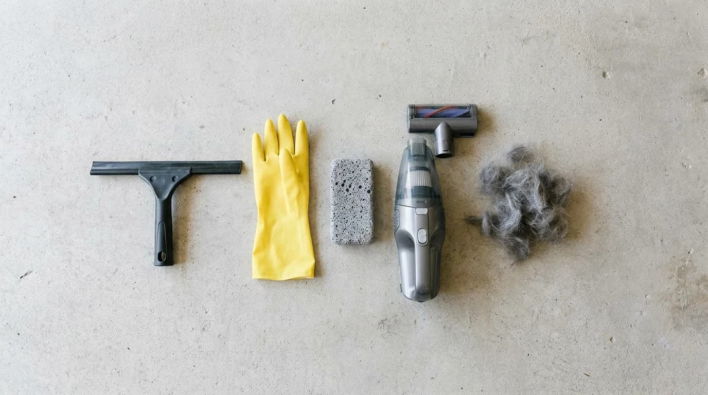 Four pet-hair tools laid out on a garage floor: a rubber window squeegee, a rubber glove, a fabric pumice block, and a cordless handheld vacuum with its motorised brush head detached.