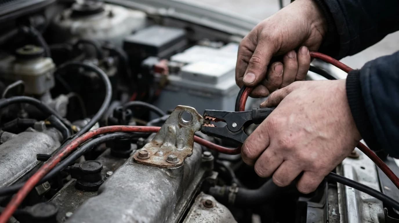 Hands clipping a black jumper-cable clamp onto a bare metal bracket on a car engine, several inches away from the battery, in an engine bay lit by grey morning light.
