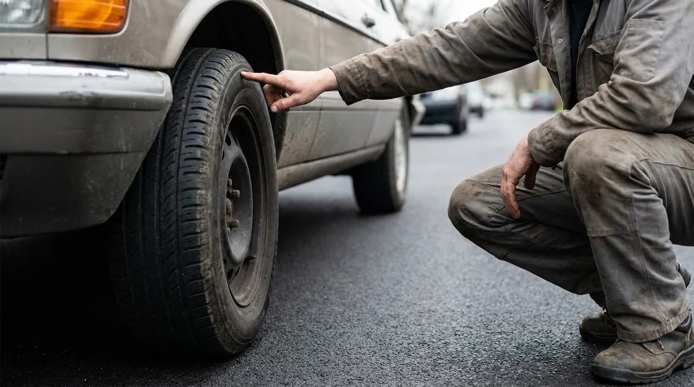 A person crouching beside a car's front wheel, running a finger along the raised markings on the tire sidewall.