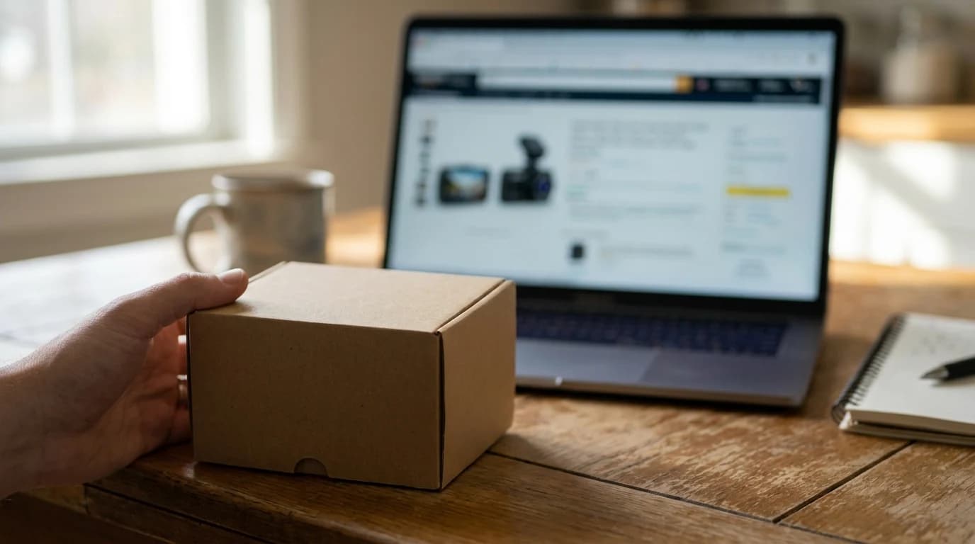 A hand holding a small dash camera box beside a laptop showing a blurred product listing, on a kitchen table in daylight.