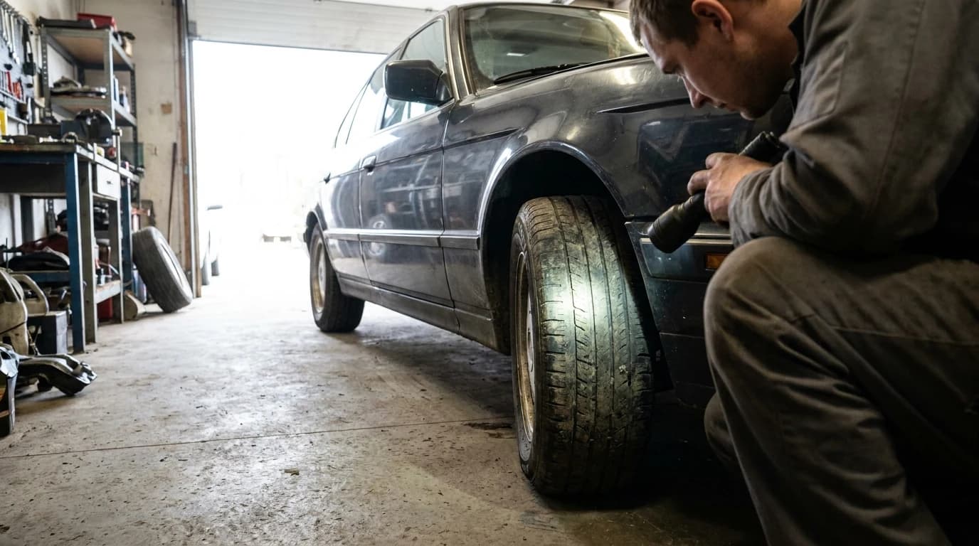 A person crouching at the inner shoulder of a mounted tire with the steering turned, checking the sidewall stamp.