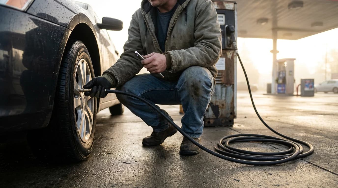 A person crouching beside a car's front tire at a gas station air pump, holding the air hose on the valve stem and a pencil-style tire gauge in the other hand.