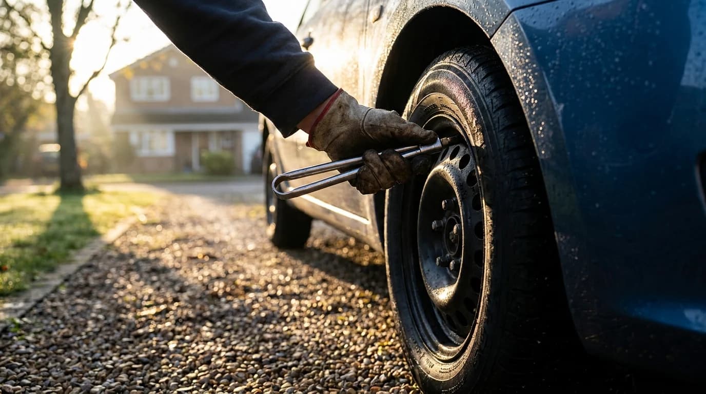 A hand pressing a tire gauge onto a valve stem beside a parked car early in the morning.