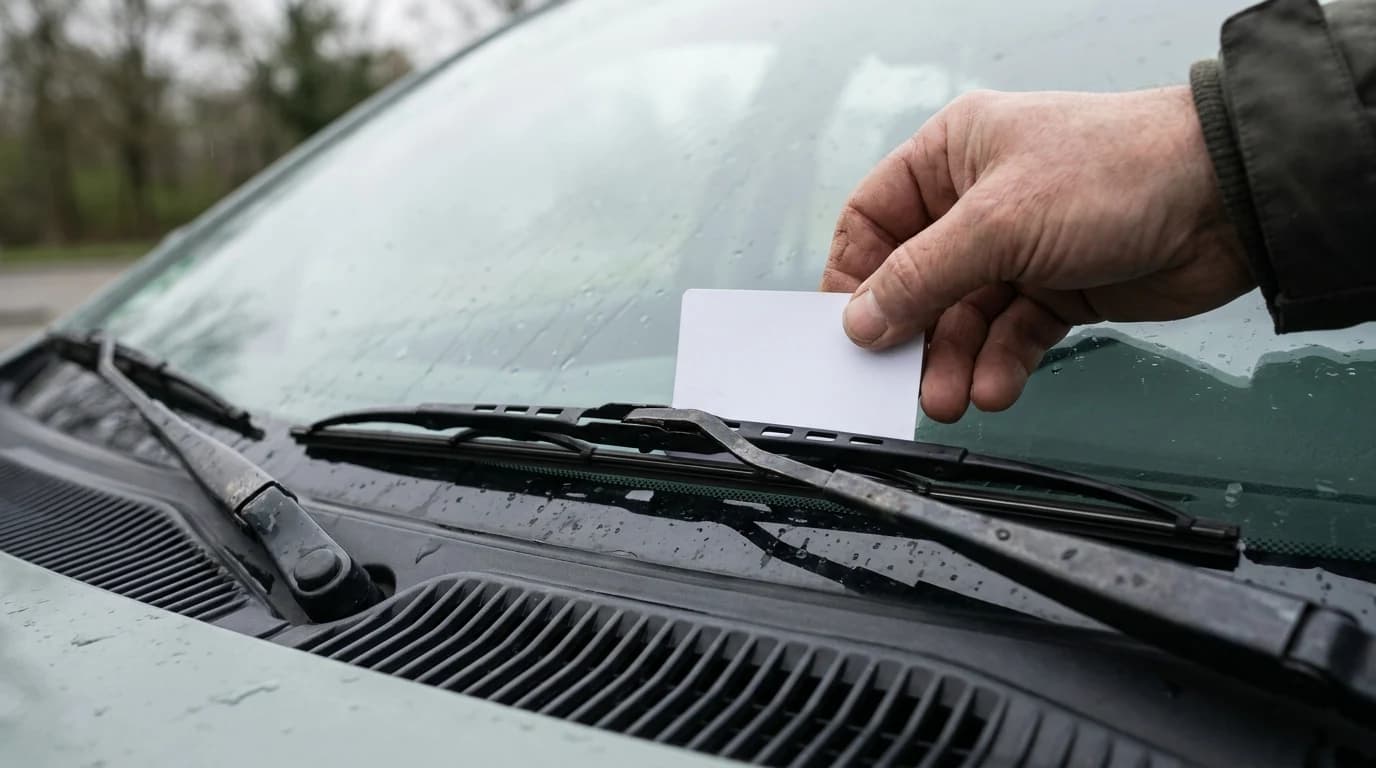 A hand holding a plain card edge-on against a wiper blade parked at the base of a car windshield, checking the angle of the blade body against the glass.