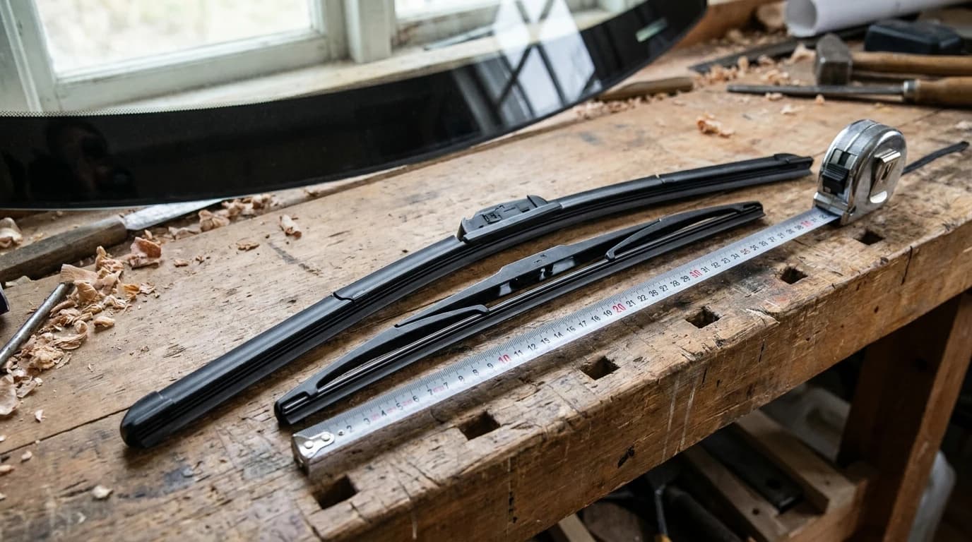 A pair of new wiper blades of visibly different lengths lying side by side on a workbench next to a tape measure, with a car windshield out of focus behind them.