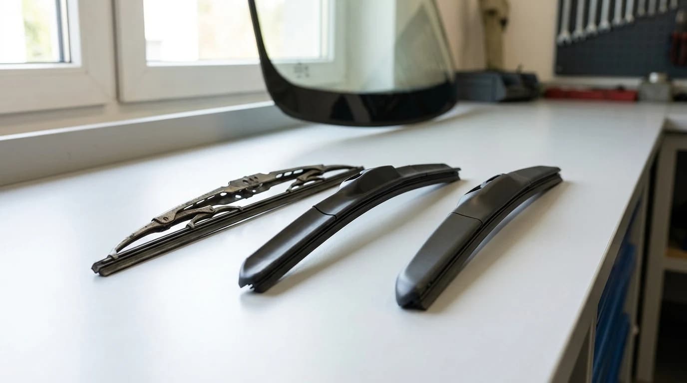 Wiper Blade Types and Sizes: Beam, Hybrid, Conventional — illustration