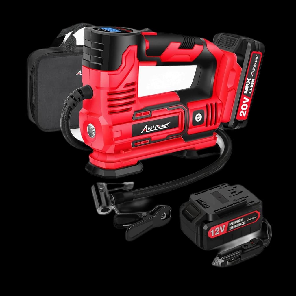 Avid Power 20V — cordless tire inflator with 12V adapter