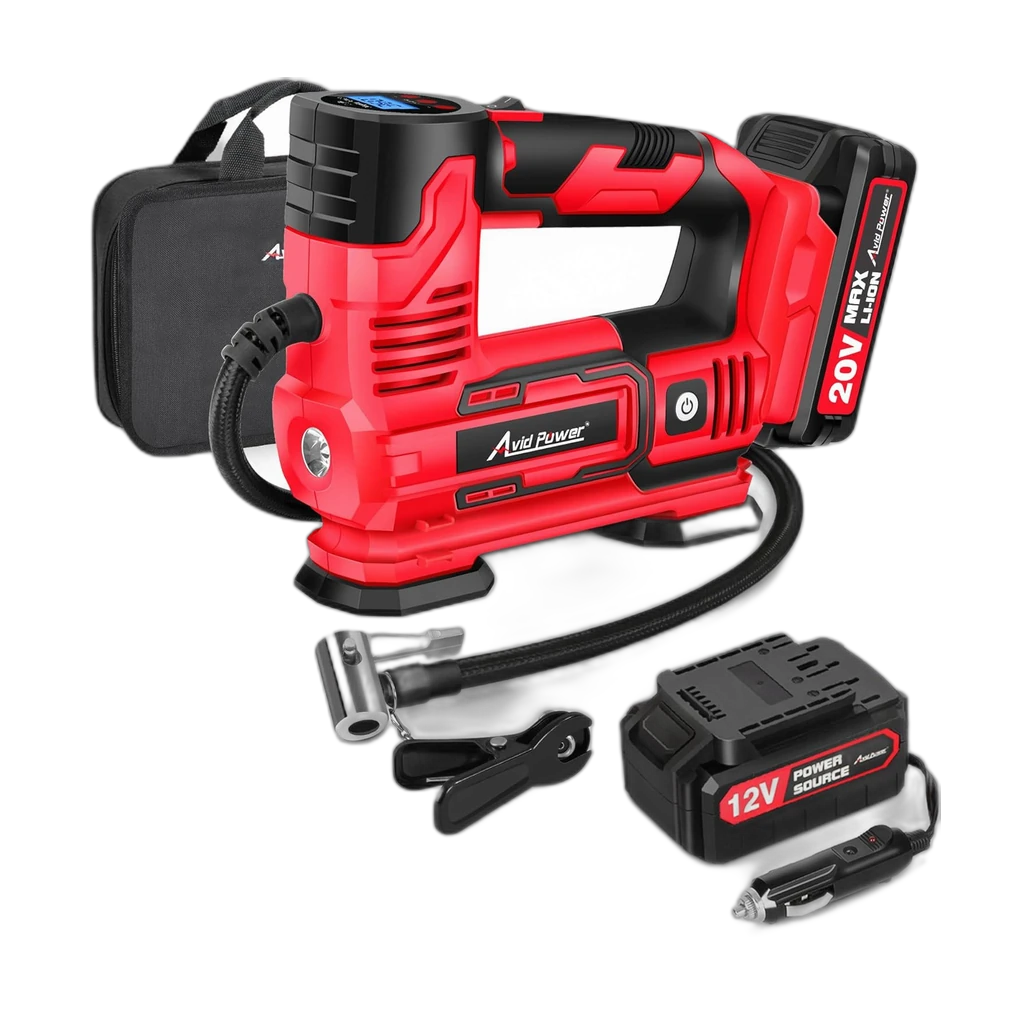 Avid Power 20V — cordless tire inflator with 12V adapter